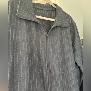 Gray lightweight wool stripe jacket. Zippered exterior pockets, unlined.